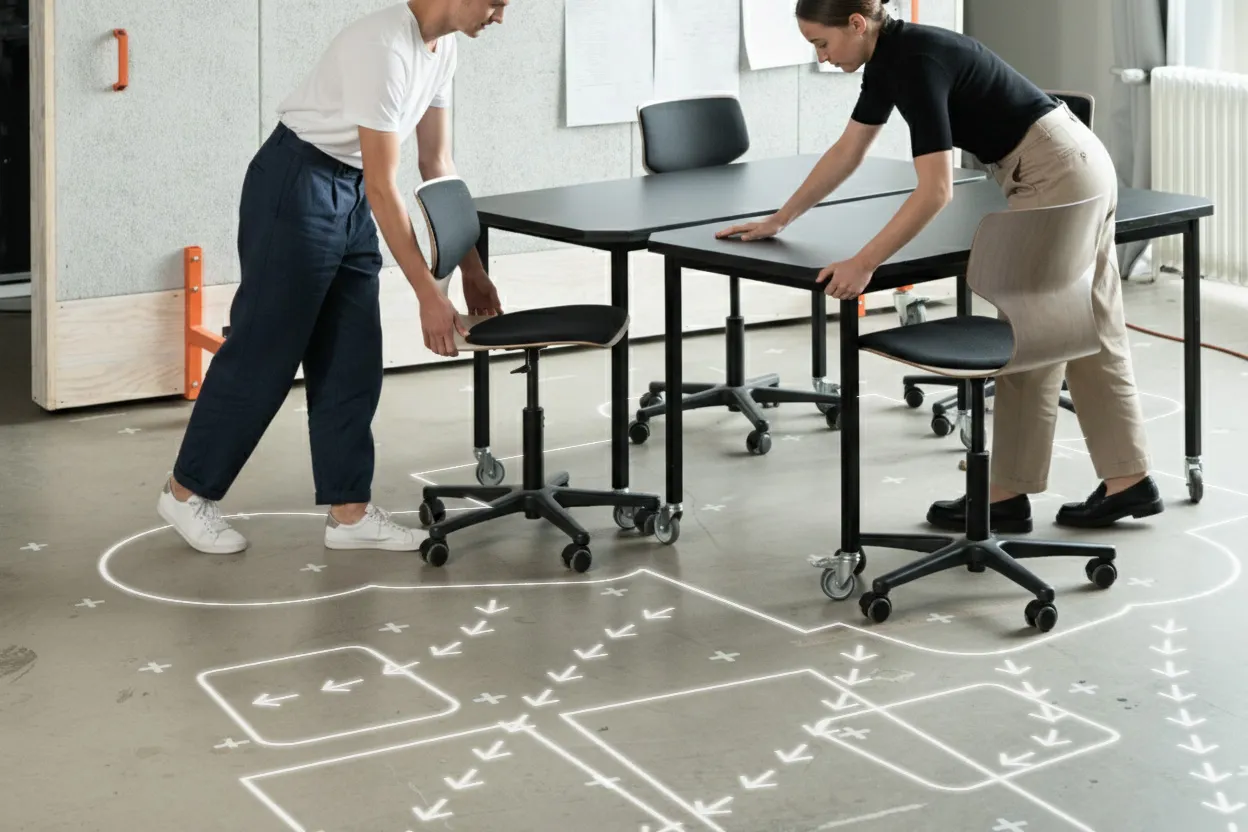 Two people rearrange mobile furniture while projected lines indicate possible spatial configurations on the floor.