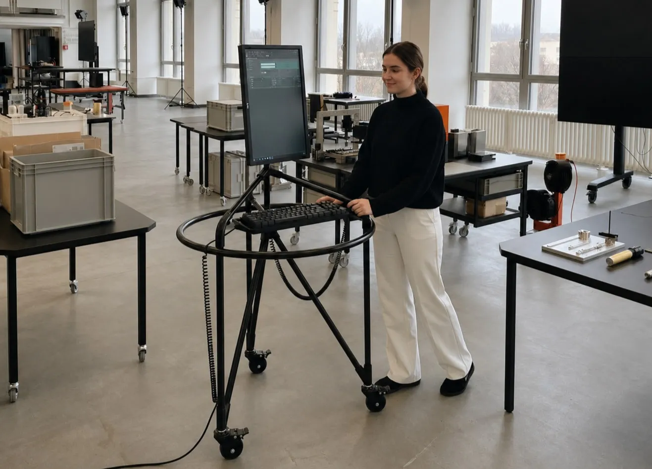 A person moves the Spatial Prompting Terminal through a shared learning and workshop environment.