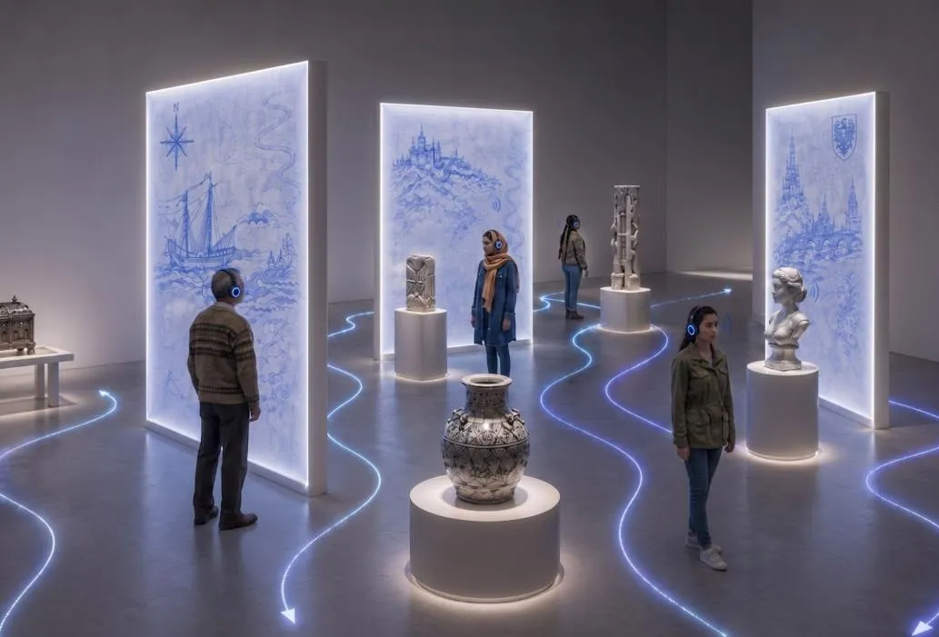 Visitors move through an imagined exhibition in which projected paths connect artworks, screens and spatial interactions.
