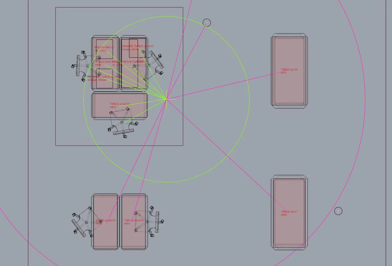 A plan view visualises the terminal's position, surrounding furniture, spatial zones and relationships to nearby objects.
