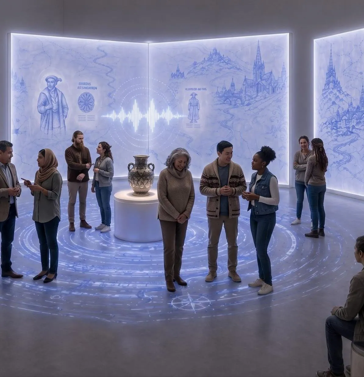A group of visitors experiences a projected cultural environment whose visual and spatial elements respond collectively to their presence.