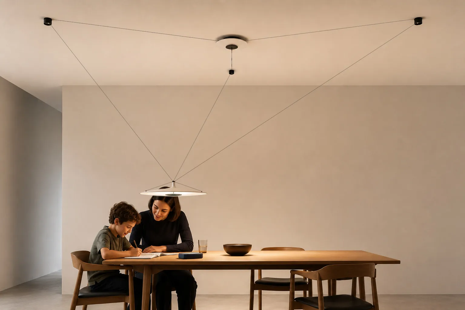 A woman helps a child with schoolwork while the suspended light is positioned directly above their books.
