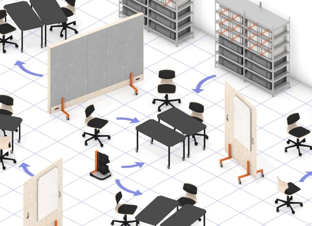 Axonometric drawing of mobile partitions, tables, chairs, shelving and technical elements that can be rearranged throughout the Co-Lab.