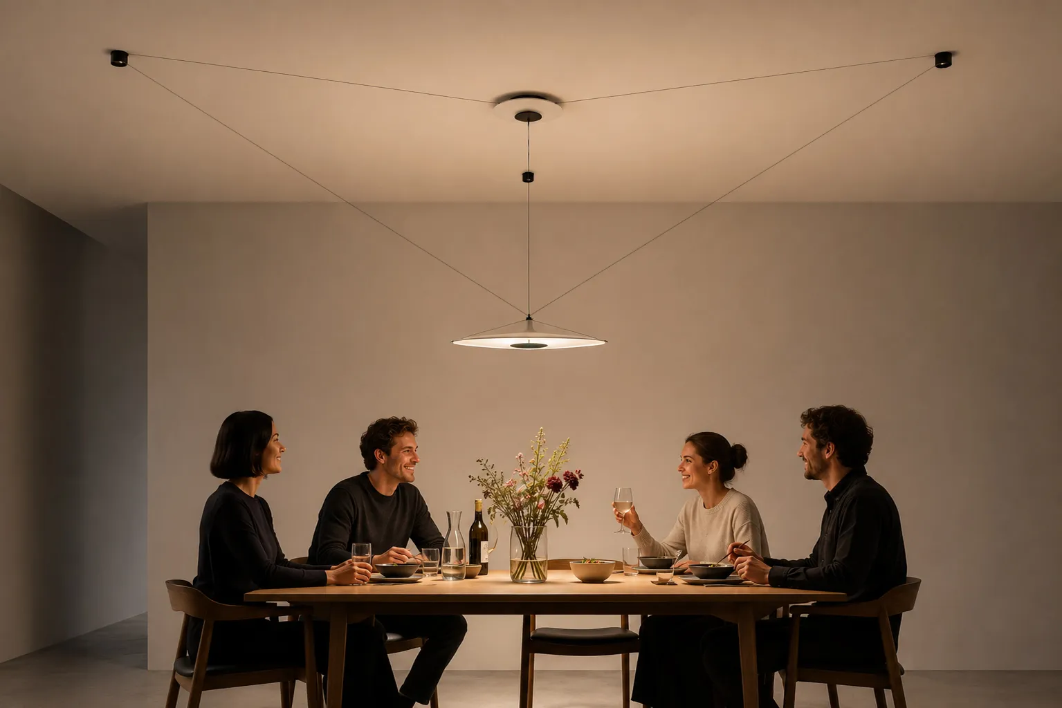 A person reads alone at a table while the suspended light is positioned above the occupied side.