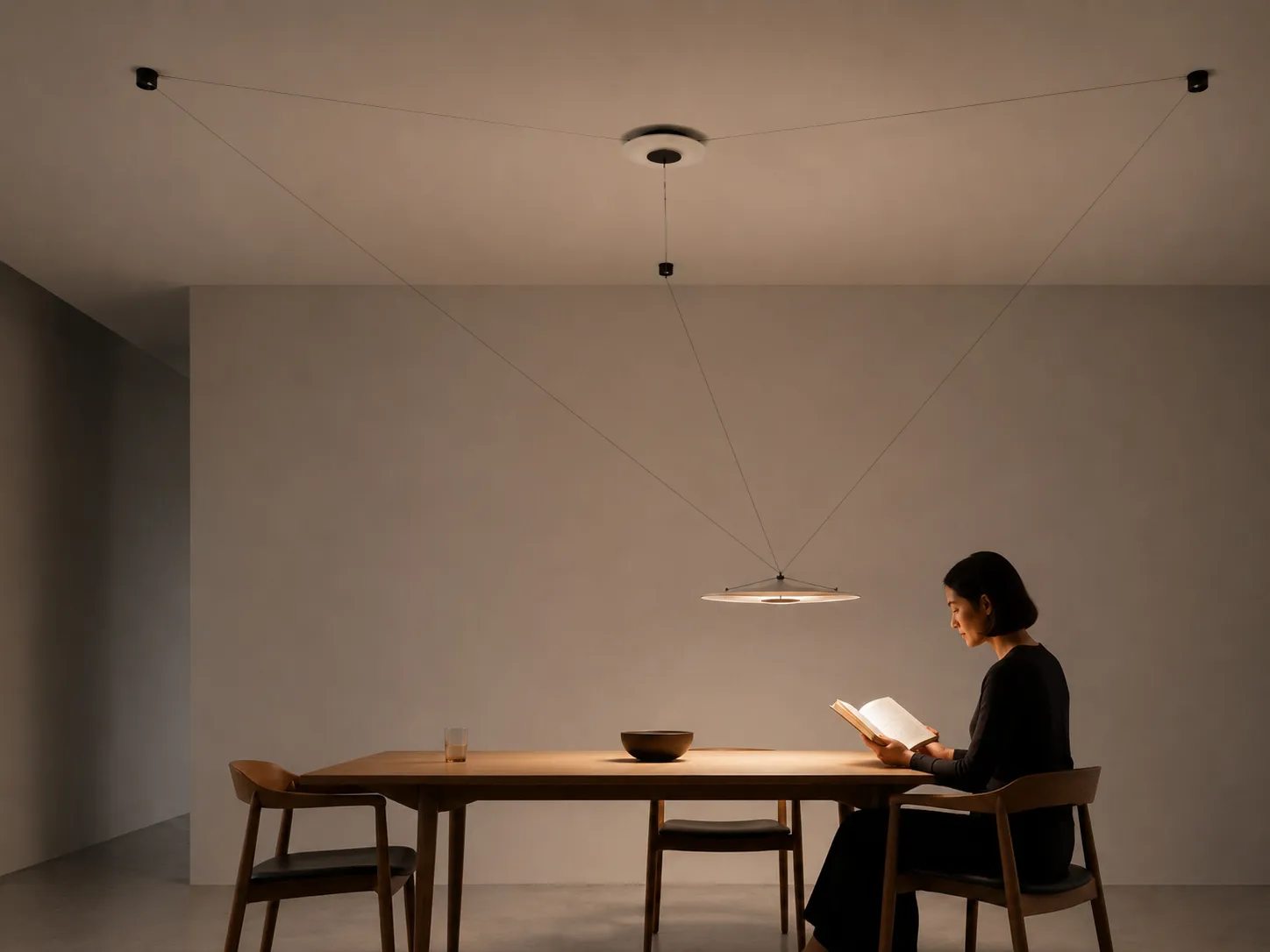 Four people share dinner at a large table while the suspended light is centred above the group.