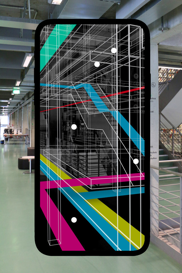 Mock-up for a AR app showing paths and spatial markers indicating the location of devices, books and other items