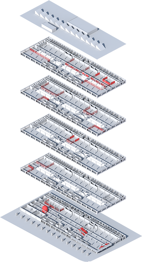 Isometric diagram showing the proposed architectural interventions